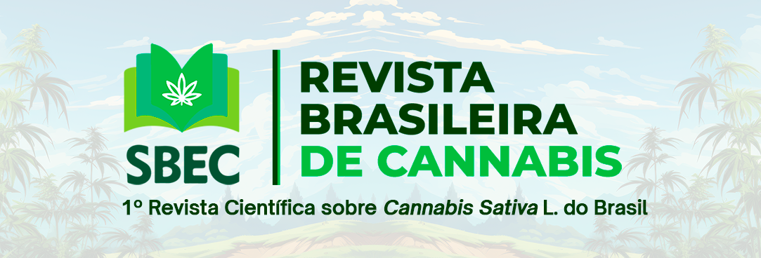Logo da Revista Brasileira de Cannabis, com texto 1º Revista Científica sobre Cannabis Sativa L. do Brasil